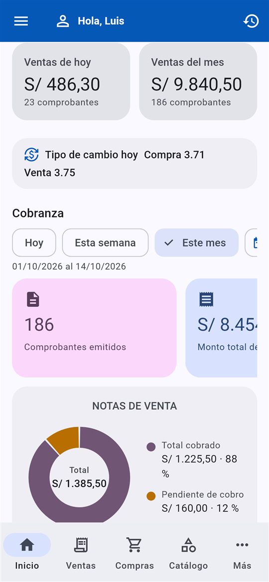 Tu negocio de un vistazo: Ventas de hoy y del mes, tipo de cambio y cobranza.
