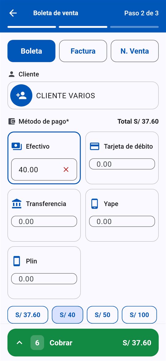Cobra como pague tu cliente: Efectivo con vuelto, Yape, Plin o tarjeta. Boleta, factura o nota de venta.